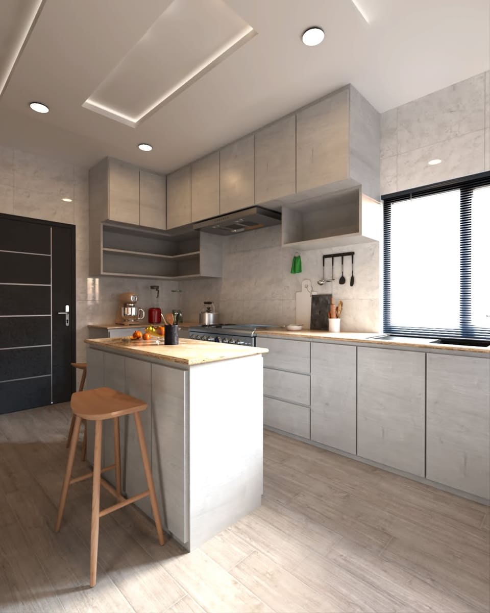 3D render of kitchen cabinetry and island beneath recessed lights — Lagos
