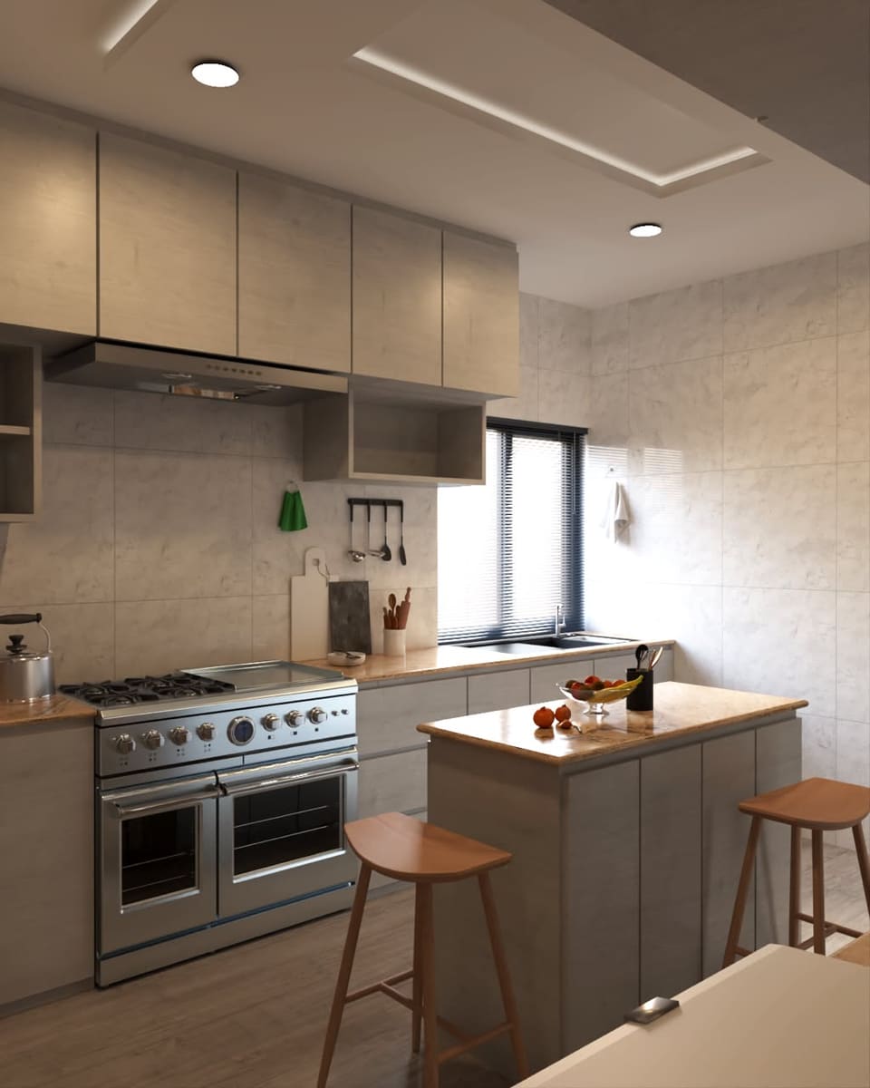 3D render of the kitchen cooker, timber cabinetry and island seating — Lagos