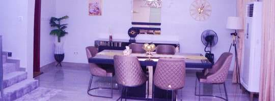 Wide view of the dining room and ceiling lighting — Gbagada, Lagos